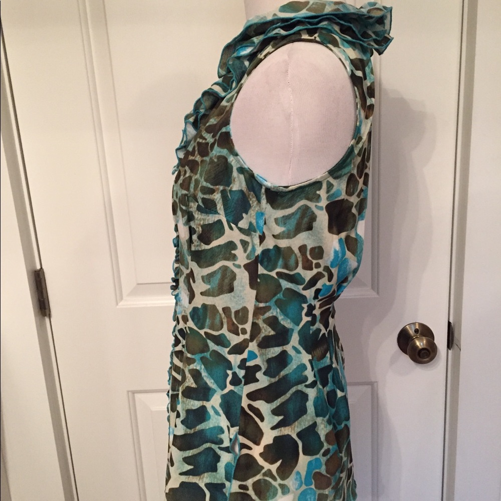 ETCETERA TOP BLOUSE SLEEVELESS BLUE WHITE BROWN PRINT RUFFLE Size 4 - Picture 3 of 6